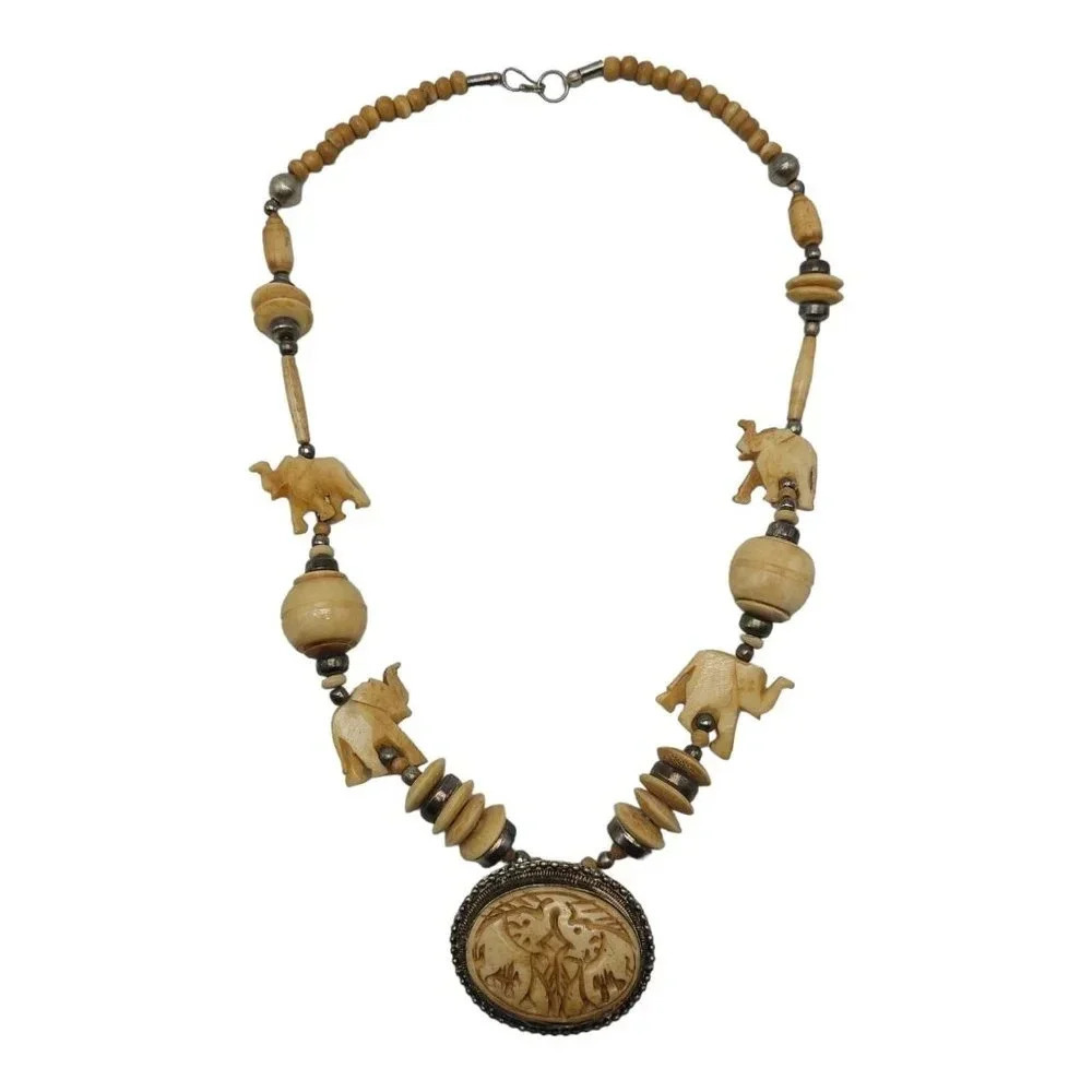 Bovine Bone Bead Beaded Elephant Carved Statement Silver Tone Necklace